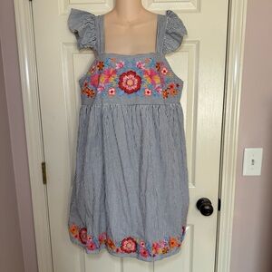 Savanna Jane Dress Large Floral Embroidered Striped Blue Ruffle Shift Travel
